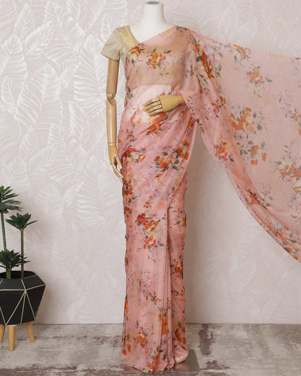 Elegant Pink Floral Silk Chiffon Saree,110 cm Width, 5.5 Meters Piece-D19485