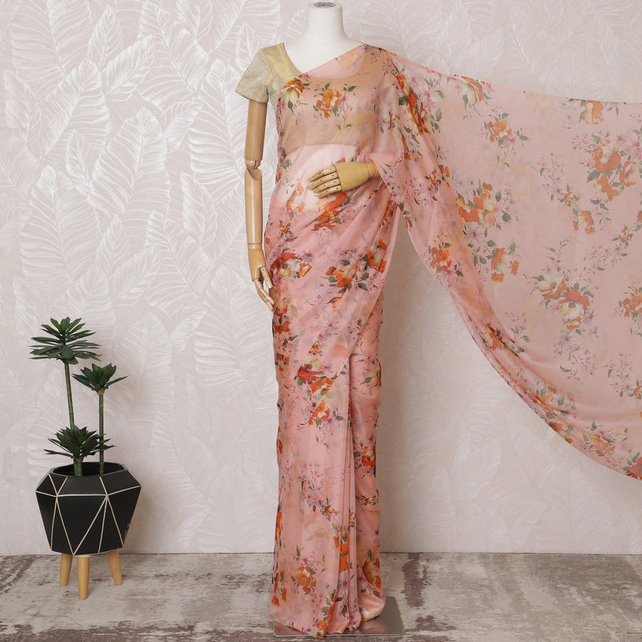 Elegant Pink Floral Silk Chiffon Saree,110 cm Width, 5.5 Meters Piece-D19485