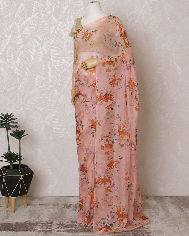 Elegant Pink Floral Silk Chiffon Saree,110 cm Width, 5.5 Meters Piece-D19485