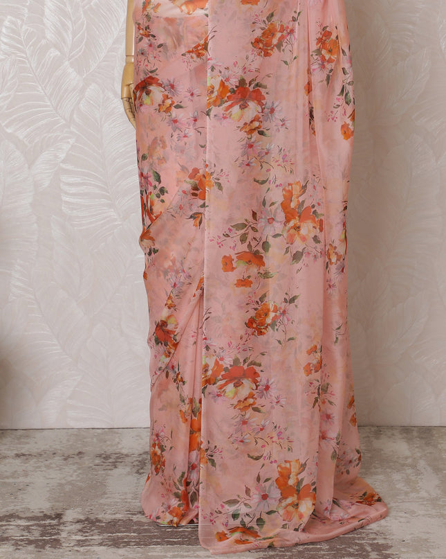 Elegant Pink Floral Silk Chiffon Saree,110 cm Width, 5.5 Meters Piece-D19485