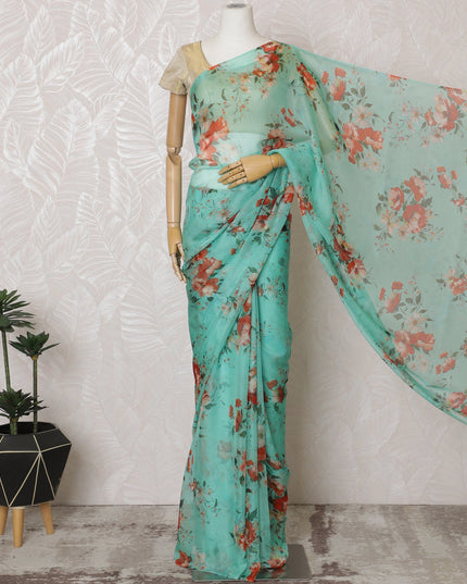 Elegant Aqua Green Floral Silk Chiffon Saree,110 cm Width, 5.5 Meters Piece-D19486