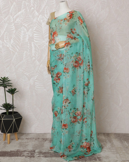 Elegant Aqua Green Floral Silk Chiffon Saree,110 cm Width, 5.5 Meters Piece-D19486