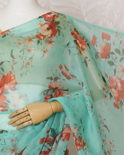 Elegant Aqua Green Floral Silk Chiffon Saree,110 cm Width, 5.5 Meters Piece-D19486