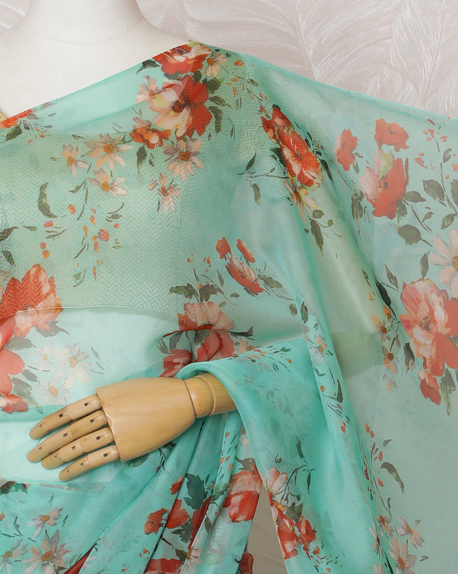 Elegant Aqua Green Floral Silk Chiffon Saree,110 cm Width, 5.5 Meters Piece-D19486