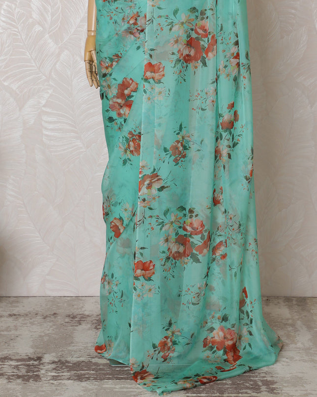 Elegant Aqua Green Floral Silk Chiffon Saree,110 cm Width, 5.5 Meters Piece-D19486