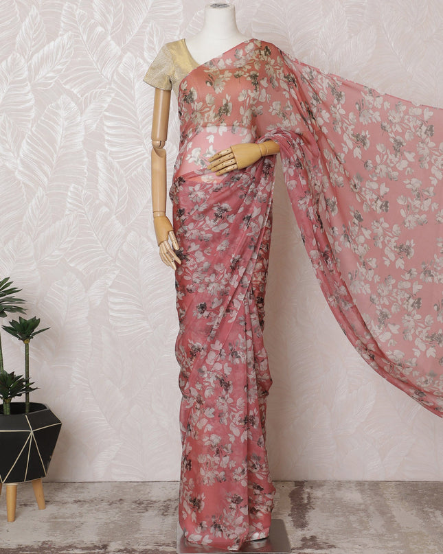 Elegant Rose Pink Floral Silk Chiffon Saree,110 cm Width, 5.5 Meters Piece-D19487