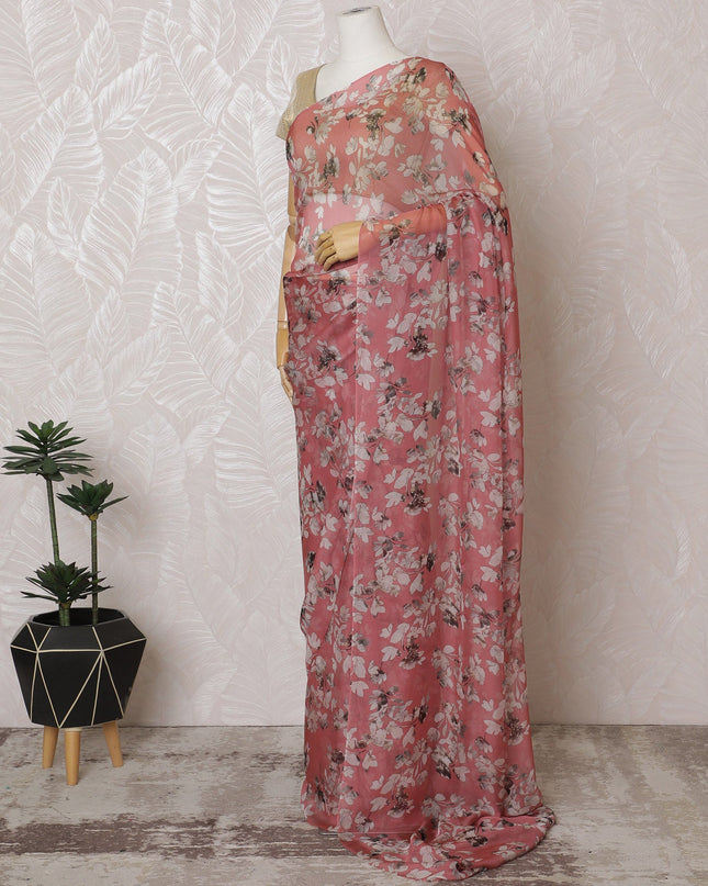 Elegant Rose Pink Floral Silk Chiffon Saree,110 cm Width, 5.5 Meters Piece-D19487