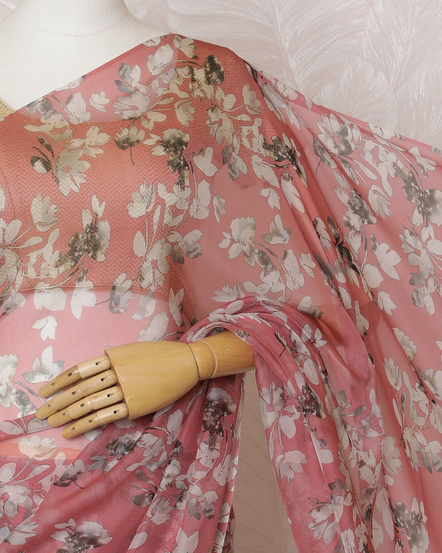 Elegant Rose Pink Floral Silk Chiffon Saree,110 cm Width, 5.5 Meters Piece-D19487