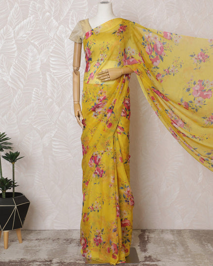 Elegant Yellow Floral Silk Chiffon Saree,110 cm Width, 5.5 Meters Piece-D19488