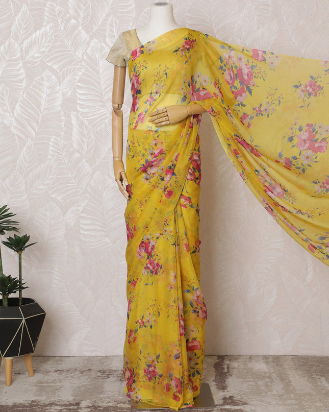 Elegant Yellow Floral Silk Chiffon Saree,110 cm Width, 5.5 Meters Piece-D19488