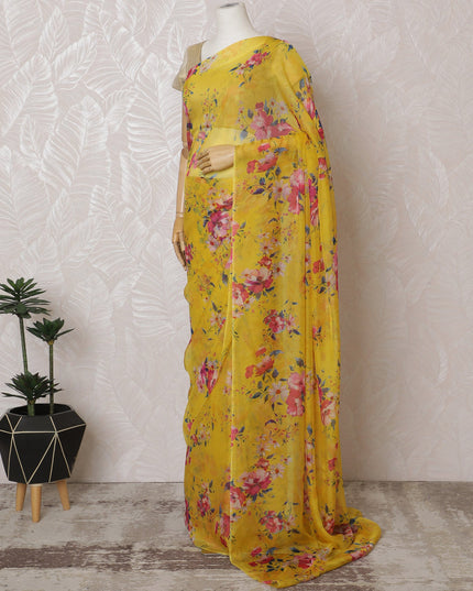 Elegant Yellow Floral Silk Chiffon Saree,110 cm Width, 5.5 Meters Piece-D19488