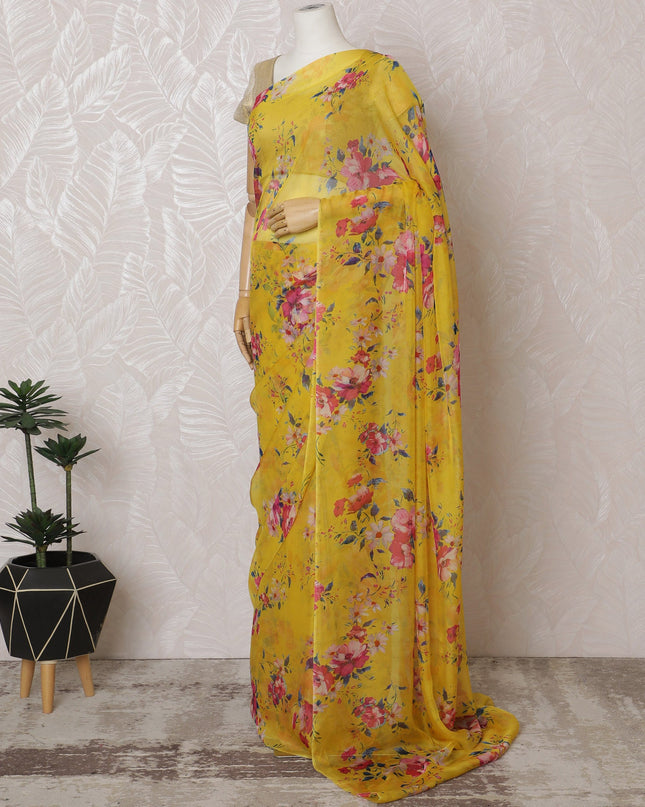 Elegant Yellow Floral Silk Chiffon Saree,110 cm Width, 5.5 Meters Piece-D19488