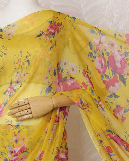 Elegant Yellow Floral Silk Chiffon Saree,110 cm Width, 5.5 Meters Piece-D19488