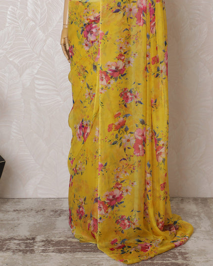 Elegant Yellow Floral Silk Chiffon Saree,110 cm Width, 5.5 Meters Piece-D19488