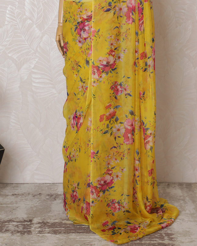 Elegant Yellow Floral Silk Chiffon Saree,110 cm Width, 5.5 Meters Piece-D19488