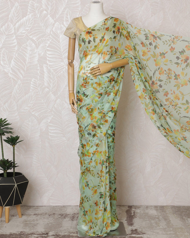 Elegant Mint Green Floral Silk Chiffon Saree,110 cm Width, 5.5 Meters Piece-D19489