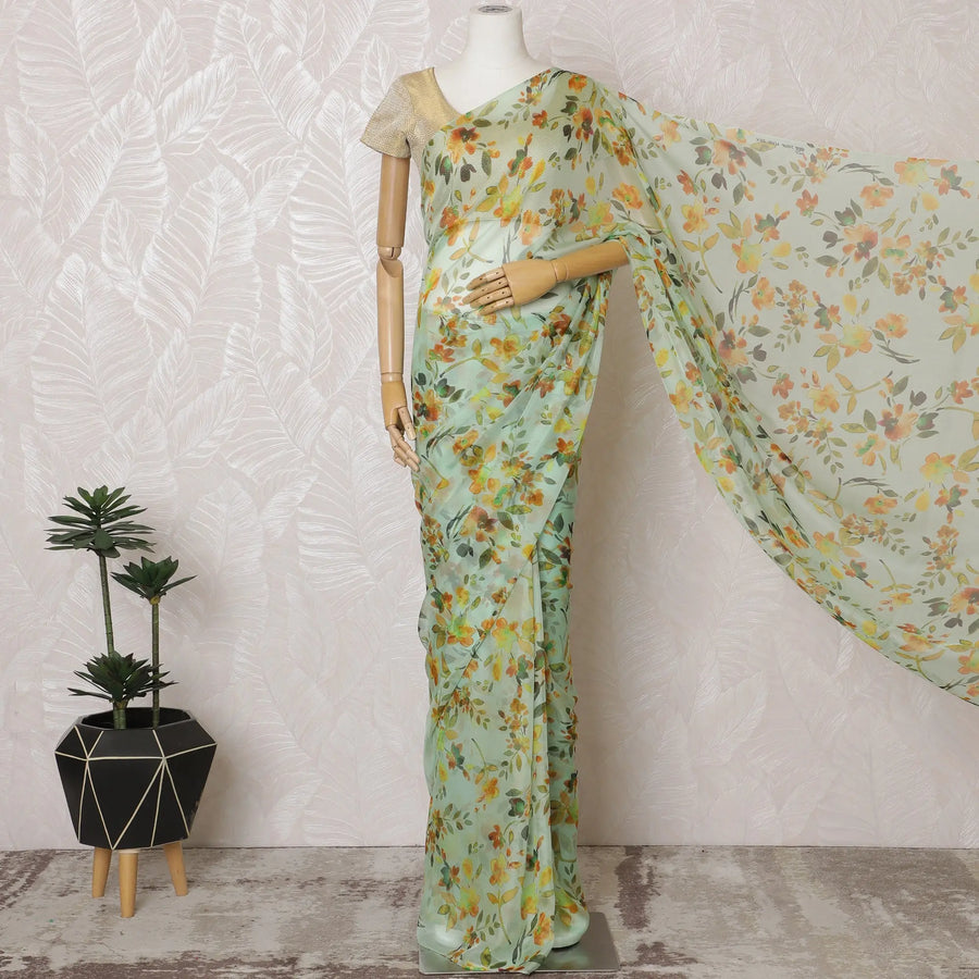 Elegant Mint Green Floral Silk Chiffon Saree,110 cm Width, 5.5 Meters Piece-D19489 Regal Fabrics