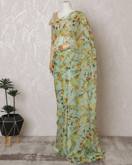 Elegant Mint Green Floral Silk Chiffon Saree,110 cm Width, 5.5 Meters Piece-D19489