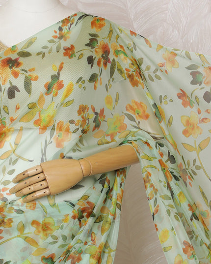 Elegant Mint Green Floral Silk Chiffon Saree,110 cm Width, 5.5 Meters Piece-D19489