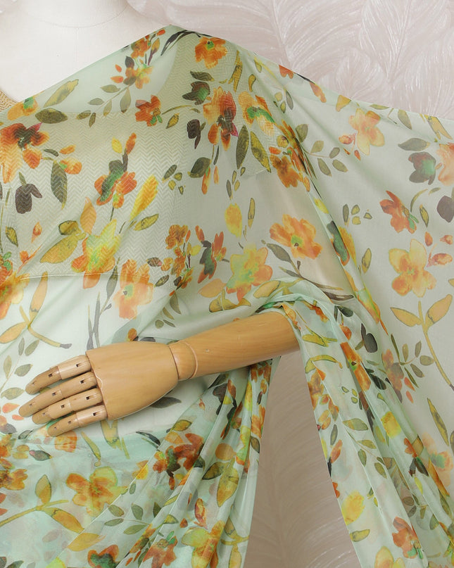 Elegant Mint Green Floral Silk Chiffon Saree,110 cm Width, 5.5 Meters Piece-D19489