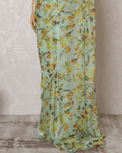 Elegant Mint Green Floral Silk Chiffon Saree,110 cm Width, 5.5 Meters Piece-D19489