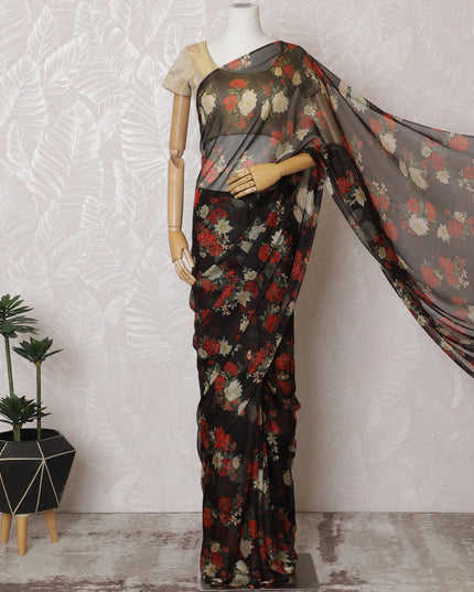 Elegant Black Floral Silk Chiffon Saree,110 cm Width, 5.5 Meters Piece-D19490