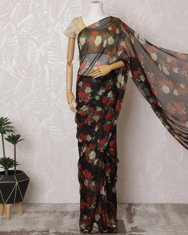 Elegant Black Floral Silk Chiffon Saree,110 cm Width, 5.5 Meters Piece-D19490