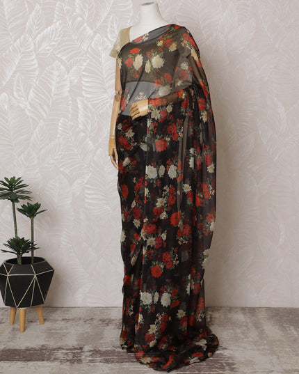 Elegant Black Floral Silk Chiffon Saree,110 cm Width, 5.5 Meters Piece-D19490