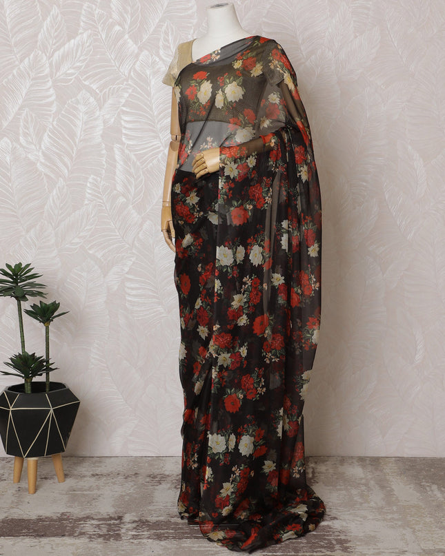 Elegant Black Floral Silk Chiffon Saree,110 cm Width, 5.5 Meters Piece-D19490