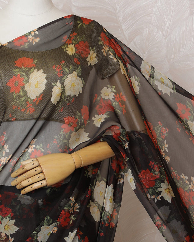 Elegant Black Floral Silk Chiffon Saree,110 cm Width, 5.5 Meters Piece-D19490