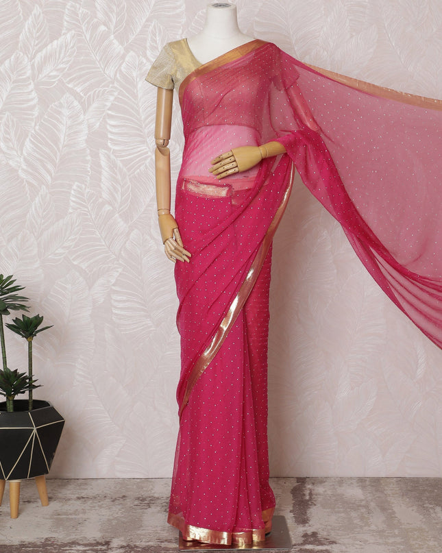 Elegant Pink Silk Chiffon Saree with Golden Border with stone work,110 cm Width, 5.5 Meters Piece-D19491 Regal Fabrics