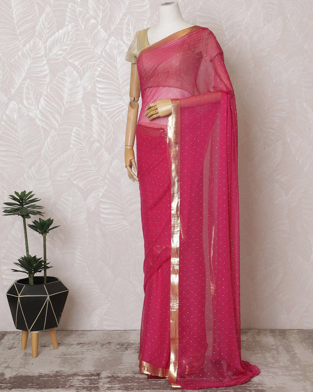 Elegant Pink Silk Chiffon Saree with Golden Border with stone work,110 cm Width, 5.5 Meters Piece-D19491 Regal Fabrics