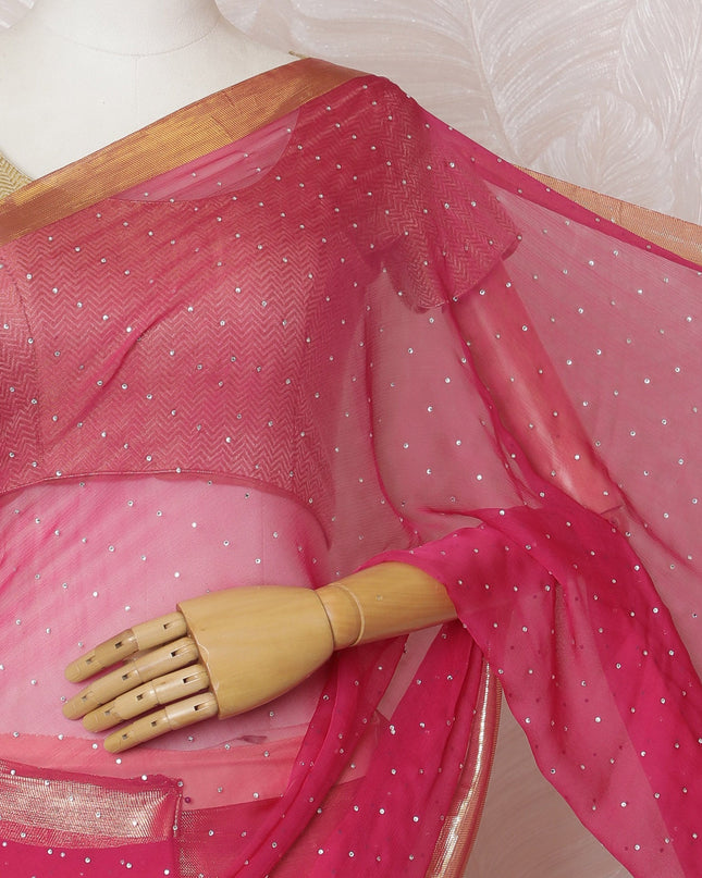 Elegant Pink Silk Chiffon Saree with Golden Border with stone work,110 cm Width, 5.5 Meters Piece-D19491 Regal Fabrics