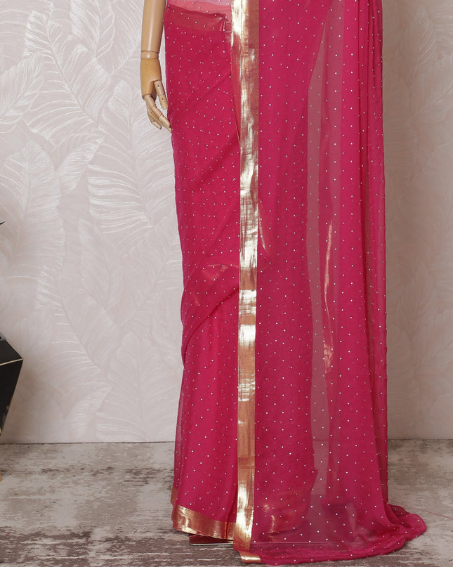 Elegant Pink Silk Chiffon Saree with Golden Border with stone work,110 cm Width, 5.5 Meters Piece-D19491 Regal Fabrics