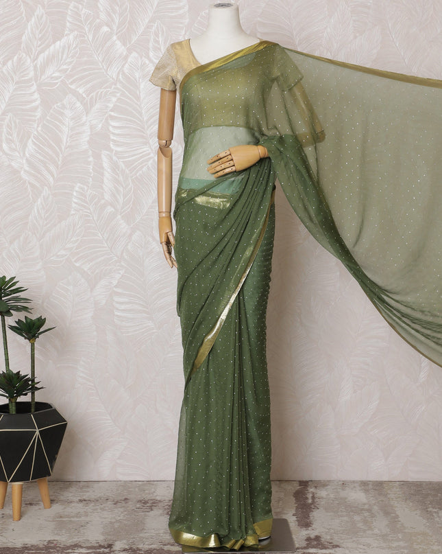 Elegant Olive Green Silk Chiffon Saree with Golden border and Stone Work,110 cm Width, 5.5 Meters Piece-D19493 Regal Fabrics