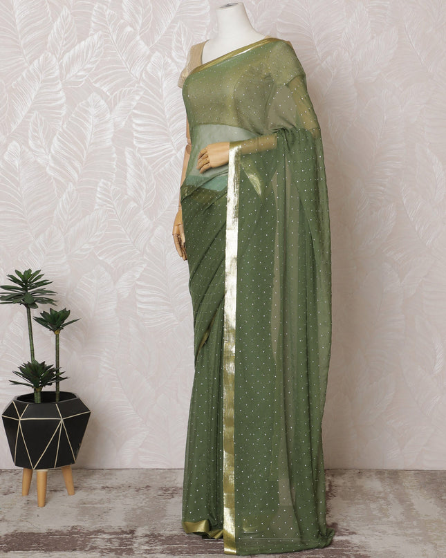Elegant Olive Green Silk Chiffon Saree with Golden border and Stone Work,110 cm Width, 5.5 Meters Piece-D19493 Regal Fabrics