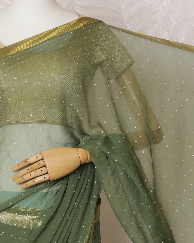 Elegant Olive Green Silk Chiffon Saree with Golden border and Stone Work,110 cm Width, 5.5 Meters Piece-D19493 Regal Fabrics