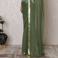 Elegant Olive Green Silk Chiffon Saree with Golden border and Stone Work,110 cm Width, 5.5 Meters Piece-D19493