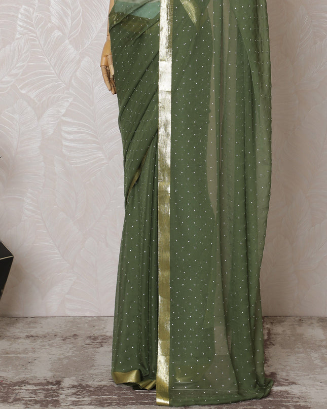 Elegant Olive Green Silk Chiffon Saree with Golden border and Stone Work,110 cm Width, 5.5 Meters Piece-D19493 Regal Fabrics