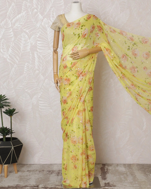 Vibrant Yellow Floral Silk Chiffon Saree with Metallic Accents,110 cm Width, 5.5 Meters Piece-D19494 Regal Fabrics