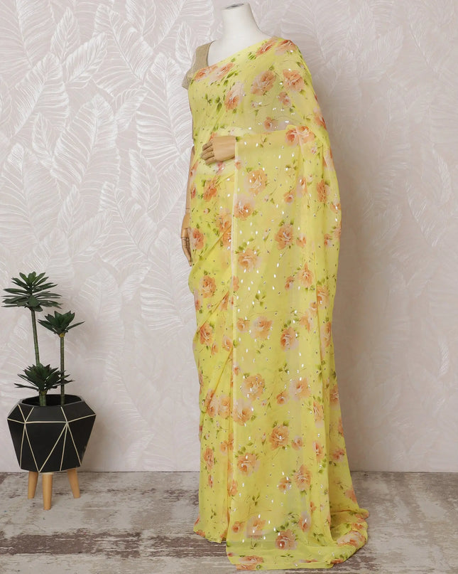 Vibrant Yellow Floral Silk Chiffon Saree with Metallic Accents,110 cm Width, 5.5 Meters Piece-D19494 Regal Fabrics