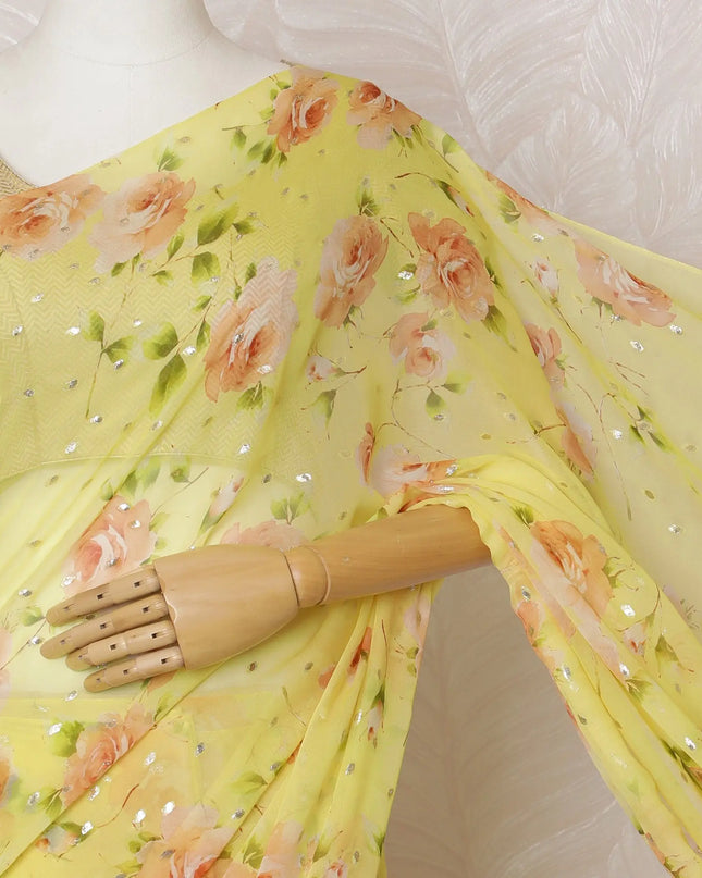 Vibrant Yellow Floral Silk Chiffon Saree with Metallic Accents,110 cm Width, 5.5 Meters Piece-D19494 Regal Fabrics