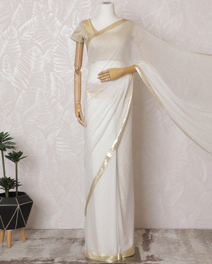 Elegant Ivory Silk Chiffon Saree with golden broder and Stone Work,110 cm Width, 5.5 Meters Piece-D19495 Regal Fabrics