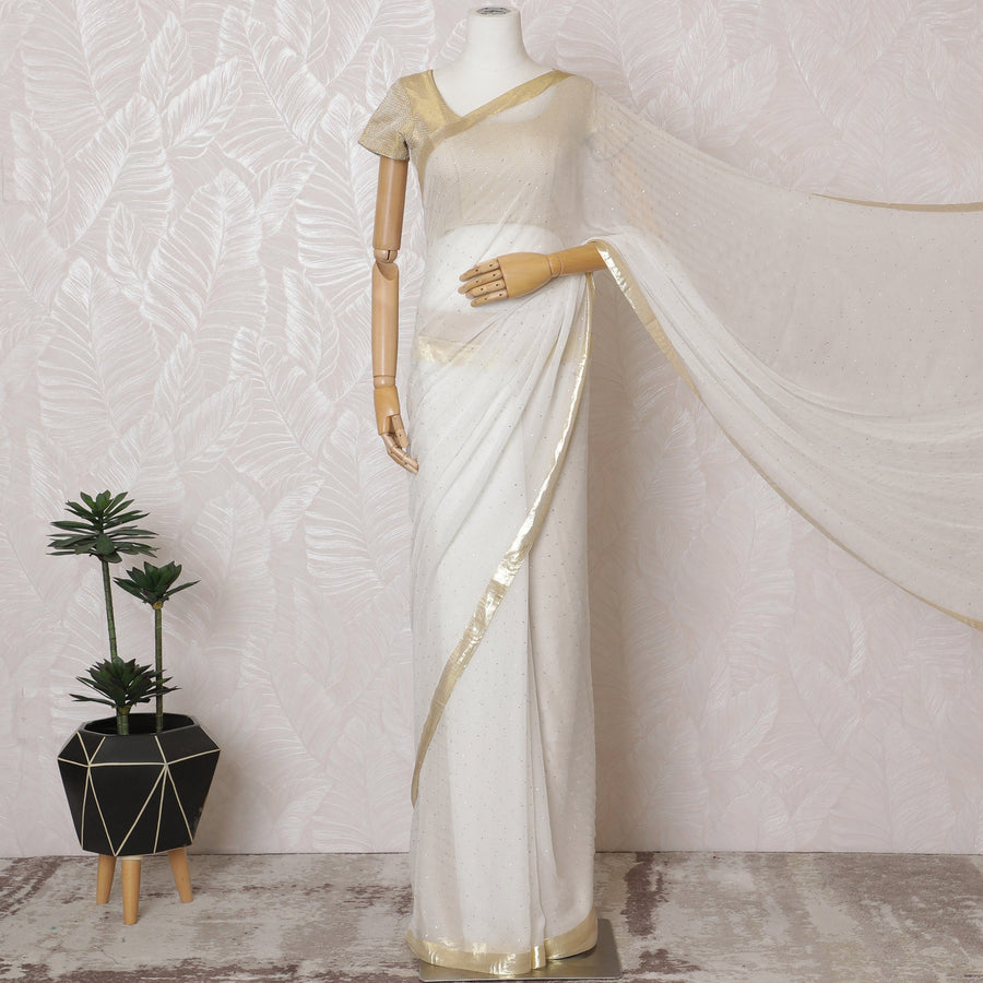 Elegant Ivory Silk Chiffon Saree with golden broder and Stone Work,110 cm Width, 5.5 Meters Piece-D19495 Regal Fabrics
