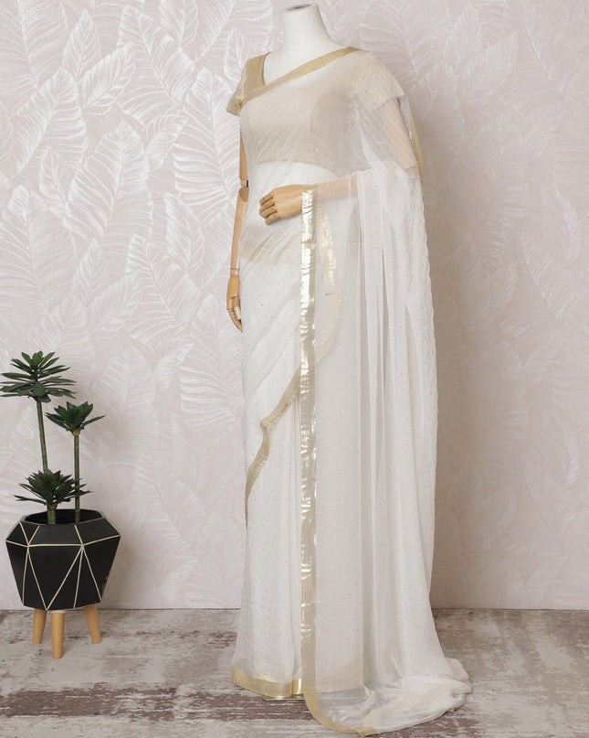 Elegant Ivory Silk Chiffon Saree with golden broder and Stone Work,110 cm Width, 5.5 Meters Piece-D19495 Regal Fabrics