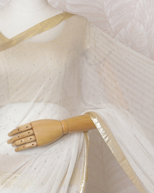Elegant Ivory Silk Chiffon Saree with golden broder and Stone Work,110 cm Width, 5.5 Meters Piece-D19495 Regal Fabrics