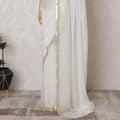 Elegant Ivory Silk Chiffon Saree with golden broder and Stone Work,110 cm Width, 5.5 Meters Piece-D19495 Regal Fabrics