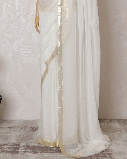 Elegant Ivory Silk Chiffon Saree with golden broder and Stone Work,110 cm Width, 5.5 Meters Piece-D19495 Regal Fabrics