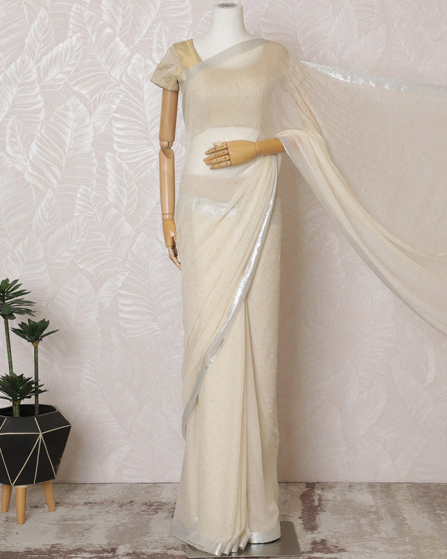 Elegant Cream Silk Chiffon Saree with silver border and Stone Work,110 cm Width, 5.5 Meters Piece-D19496 Regal Fabrics