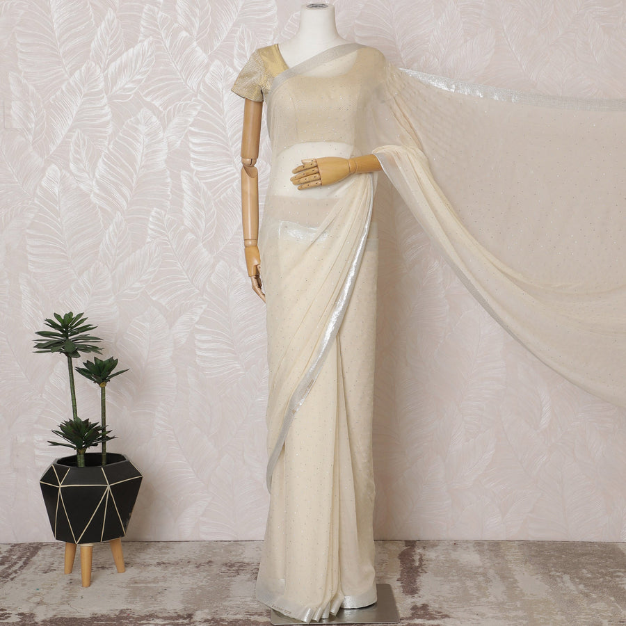 Elegant Cream Silk Chiffon Saree with silver border and Stone Work,110 cm Width, 5.5 Meters Piece-D19496